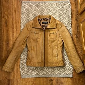 Fitted Leather Jacket: Medium, tan, fully lined. Zippered cuffs.